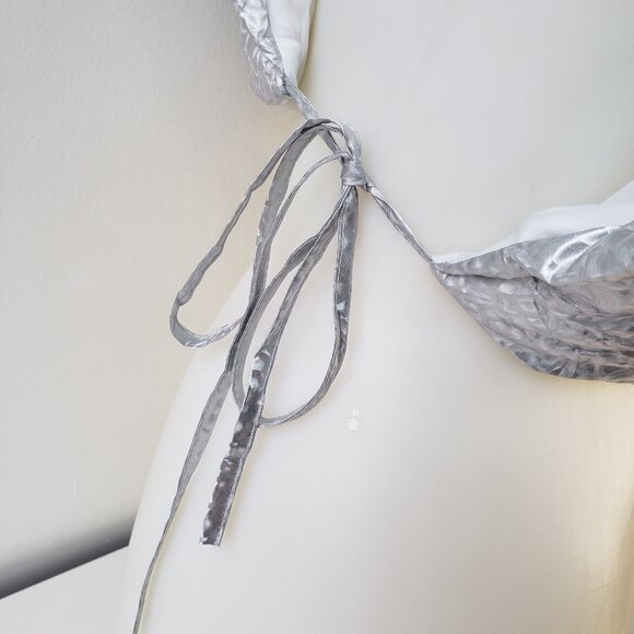 Silver Shine Holographic Crop Puffer Vest Rave Gem Y2K Style Zip + Side Strings - Picture 7 of 12